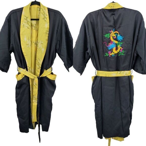Reversible Kimono Robe L Black Embroidered Dragon Yellow Floral Asian Unisex - Picture 2 of 16
